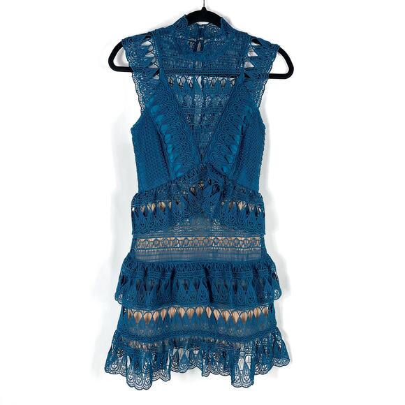 Self-Portrait Guipure Lace Mini Dress Teal Tiered Sleeveless Teardrop Sz 2 - Picture 5 of 16